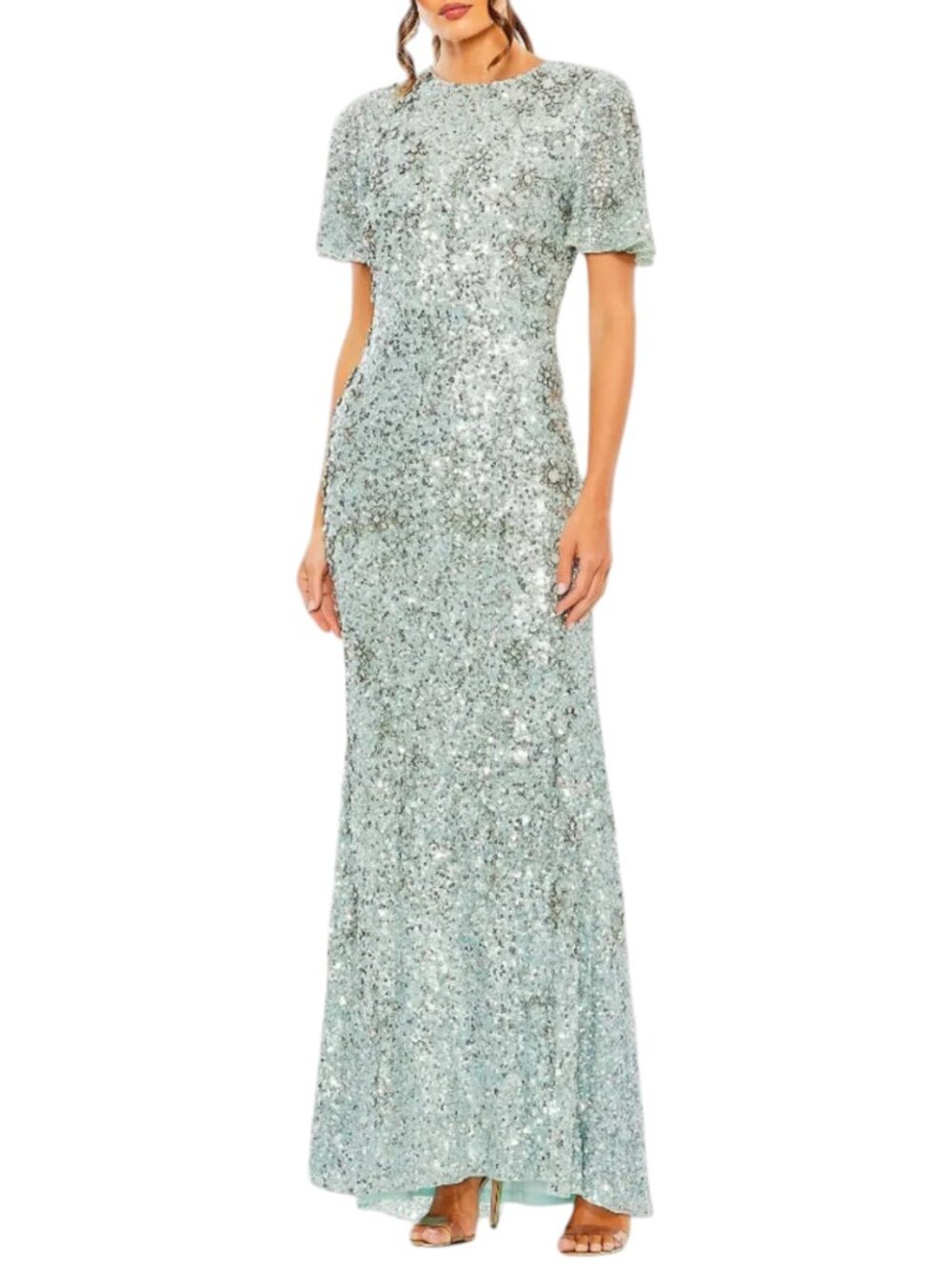 Mac Duggal Blue Maxi Gown Flutter Sleeve Sequin High Neck 93932 Size 8